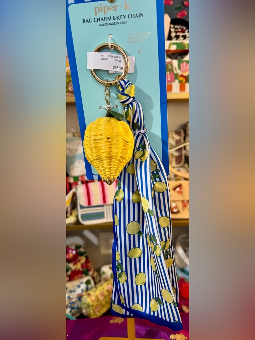 NWT Piper K Lemon Bag Charm Key Chain Blue White Striped Scarf Twilly